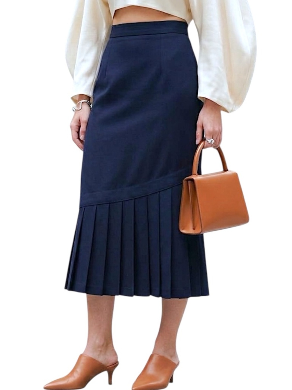 VTG 70s 80s wool blend asymmetrical pleated dark blue old money midi skirt 10